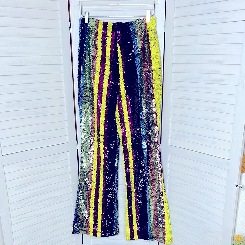 FOREVER 21 l Sequin Striped Pants Retro High Waist Straight Let 80s 90s Size L - Picture 5 of 16